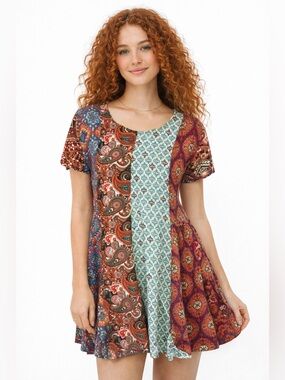 Sacred Threads Patchwork Boho Mini Dress S/M Paisley Mixed Print Festival Hippie